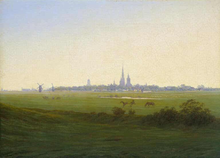 Gemälde von Caspar David Friedrich mit dem Titel: »Wiesen bei Greifswald«, geschaffen 1821/22