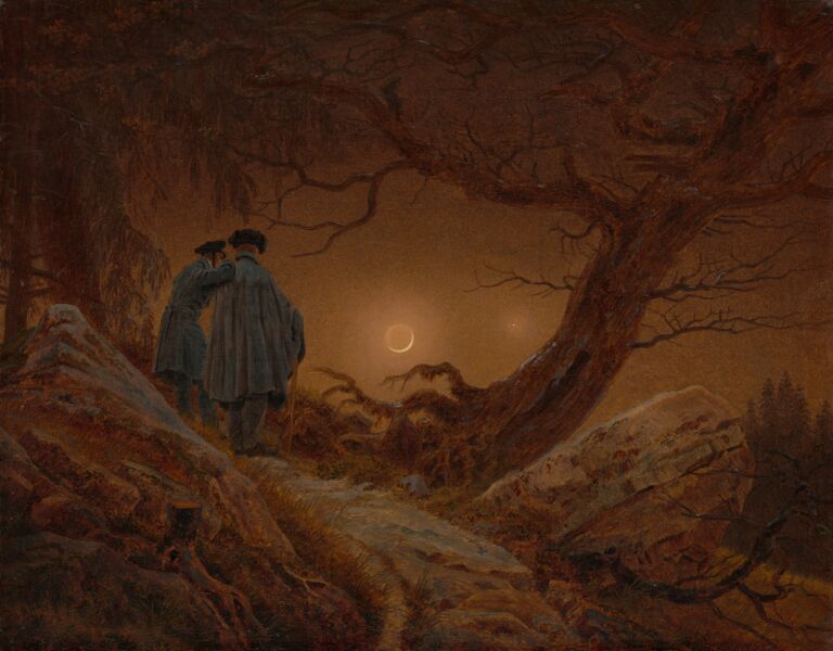 Gemälde von Caspar David Friedrich mit dem Titel: »Zwei Männer in Betrachtung des Mondes«, geschaffen 1819/20
