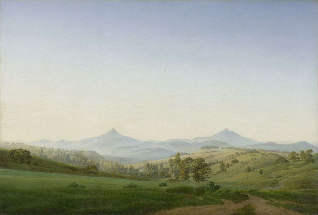 Gemälde von Caspar David Friedrich mit dem Titel: »Böhmische Landschaft mit dem Milleschauer«, geschaffen 1808